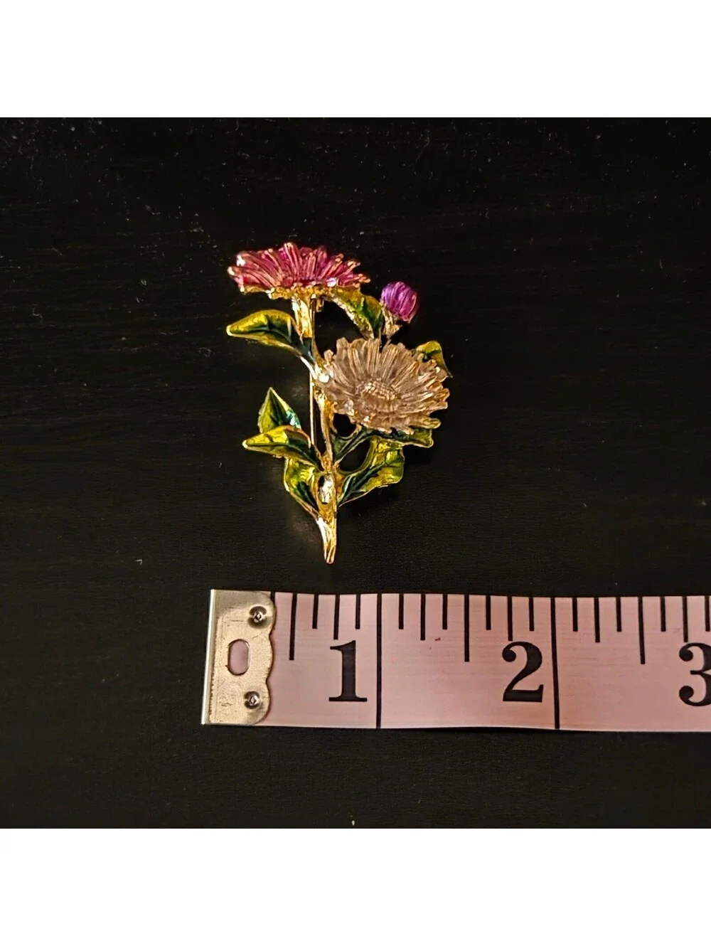 Pink & Green Enamel Style Gold Tone Floral Brooch Cottage Coquette Easter Spring